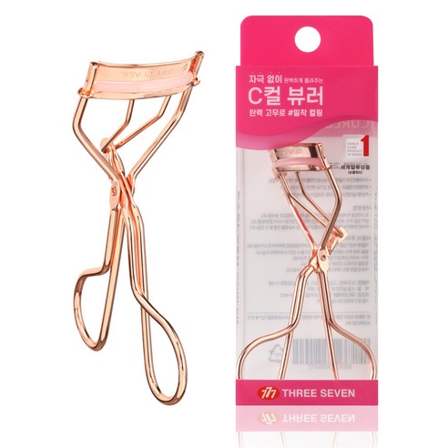 쓰리쎄븐 루이본 하이컬링 C컬 뷰러 + 실리콘 패드, 1세트, 로즈골드