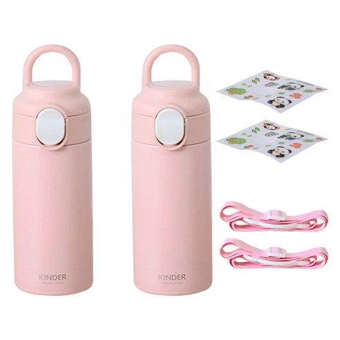푸코 킨더 원터치 손잡이 텀블러 + 스트랩 + 스티커 세트, 핑크(텀블러), 핑크(스트랩), 320ml, 2세트