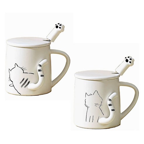 모던지 꼬리치는 냥이컵 + 뚜껑 + 숟가락 세트 직경 8cm x 높이 9cm YJ748, A, C, 2세트