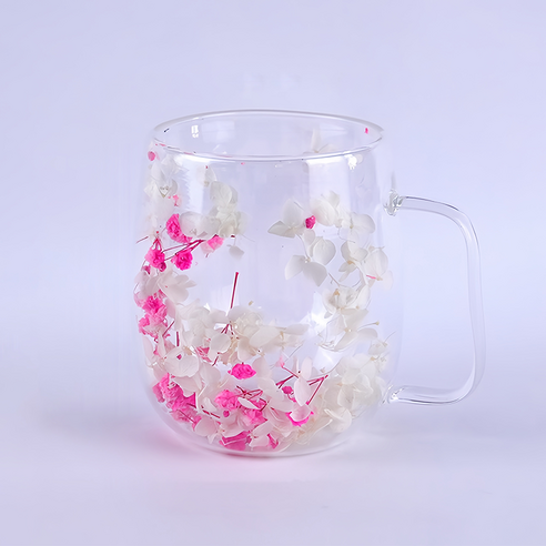 제이콕스 이중 내열 유리 홈 카페 머그컵 370ml, 화이트 + 핑크, 1개