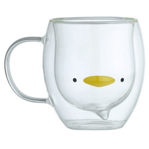 오꼬비 이중 캐릭터 유리 머그컵 250ml, 투명(오리), 1개