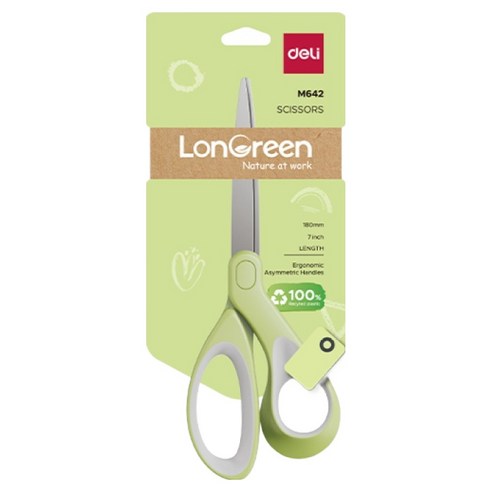 델리 LONGREEN 잡기편한 중대형 문구 사무 소프트그립 재단 가위, 그린, 1개