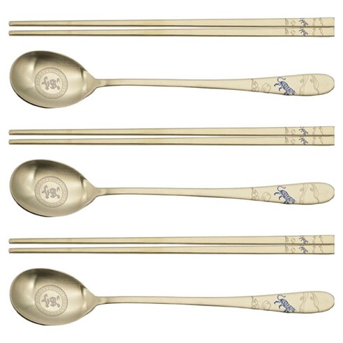 테이블아트 십이간지 호랑이띠 티타늄 수저 3벌 세트, 골드, 숟가락 3p + 젓가락 3p, 1세트