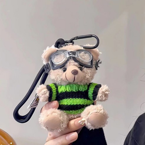 순잠 귀여운 파일럿 곰 인형 키링, 그린, 1개, 10cm