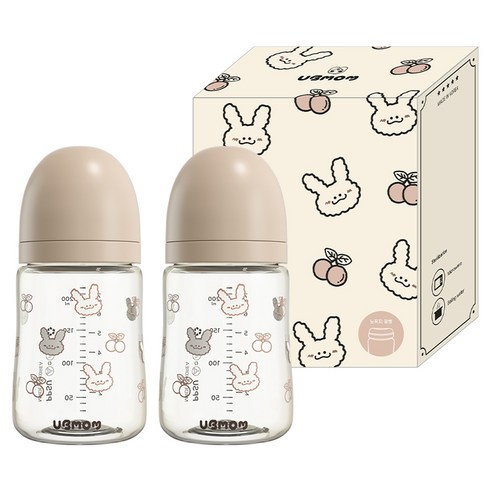 유비맘 유아용 토끼 에디션 노꼭지 젖병 트윈팩, 체리래미 초코, 200ml, 2개