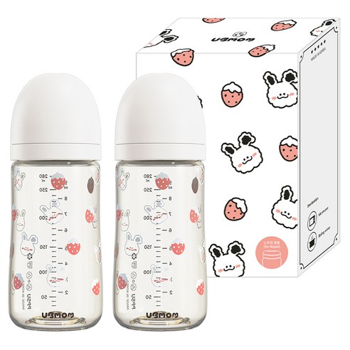 유비맘 유아용 토끼 에디션 노꼭지 젖병 트윈팩, 베리래미 화이트, 280ml, 2개