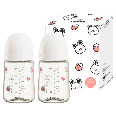 유비맘 유아용 토끼 에디션 노꼭지 젖병 트윈팩, 베리래미 화이트, 200ml, 2개