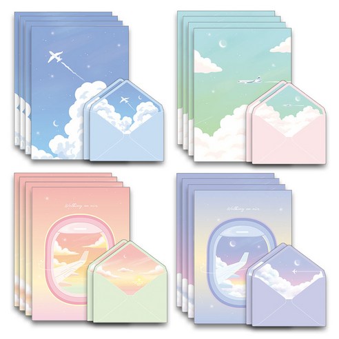 마음담아 감성 하늘을 건너 너에게 편지지 4종 x 4p + 봉투 8p 세트, 혼합색상, 1세트