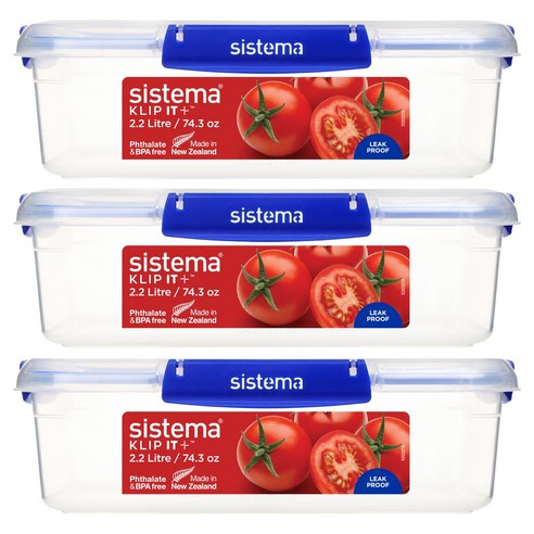 Sistema 시스테마 Klip It+ 모듈러 사각 식품 보관 밀폐용기, 3개, 2.2L