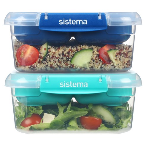 Sistema 시스테마 To Go 모듈러 분리형 2단 런치박스 도시락통 밀폐용기 3개입 세트, 1세트, 민티틸(2)+오션블루(1), 1L