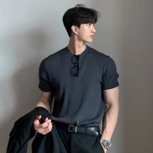 제이티엘 남성용 버티컬 슬림핏 반팔 니트 티셔츠