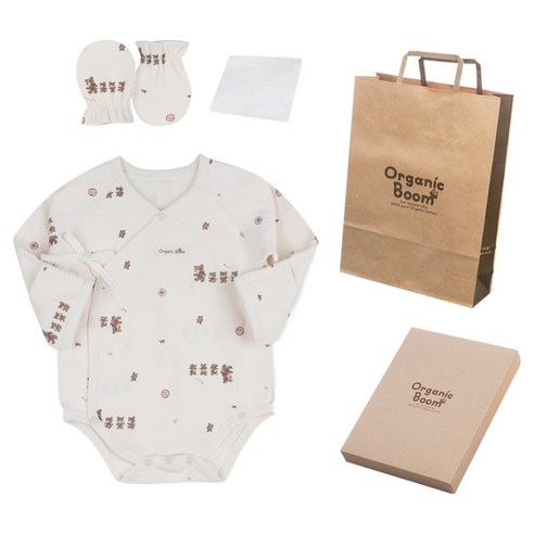 오가닉붐 신생아용 곰가족 배냇슈트+손싸개+손수건+쇼핑백+상자 SET 사계절 5종