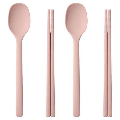이지실리 아동용 스퀘어 실리콘 디저트 수저 세트, 연핑크, 2세트, 숟가락 + 젓가락