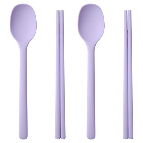 이지실리 아동용 스퀘어 실리콘 디저트 수저 세트, 퍼플, 2세트, 숟가락 + 젓가락