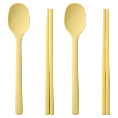 이지실리 아동용 스퀘어 실리콘 디저트 수저 세트, 옐로, 2세트, 숟가락 + 젓가락