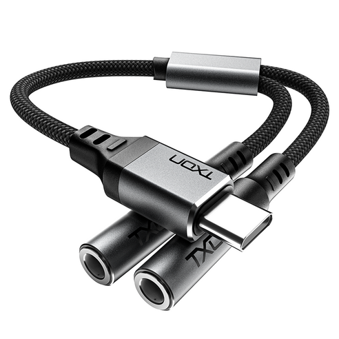 티엑스온 usb C타입-3.5 이어폰 젠더 듀얼, 1개, 그레이 + 블랙, 0.28m