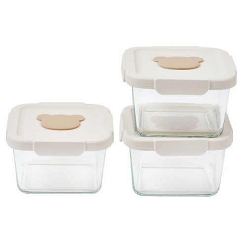 글라스락 유아용 곰돌이캡 정사각 이유식 보관용기, 580ml, 투명, 3개