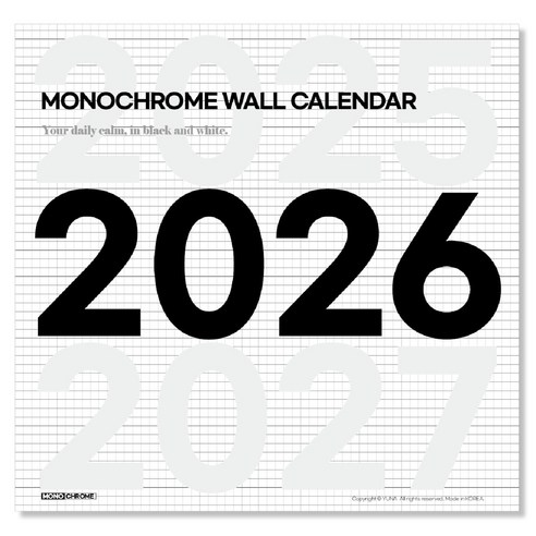 유나 2026 모노크롬 월 벽걸이 달력, 블랙 + 화이트, 1개