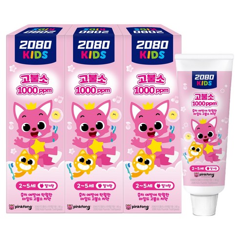 2080 키즈 핑크퐁 마일드 고불소 치약 딸기향, 80g, 3개