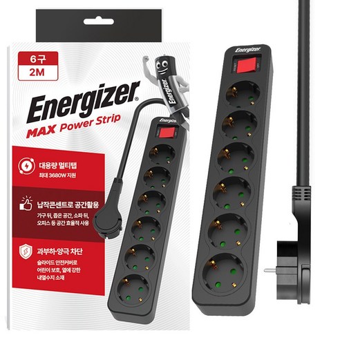 에너자이저 과부하차단 고용량 3680W 멀티탭 6구, 2m, 블랙, 1개