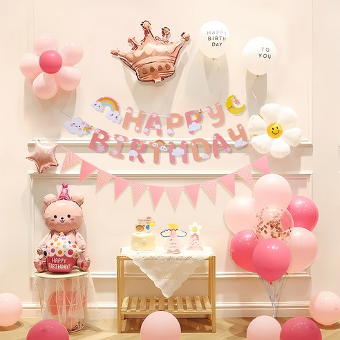 소아르 생일축하 풍선 장식 세트, 핑크, 1세트