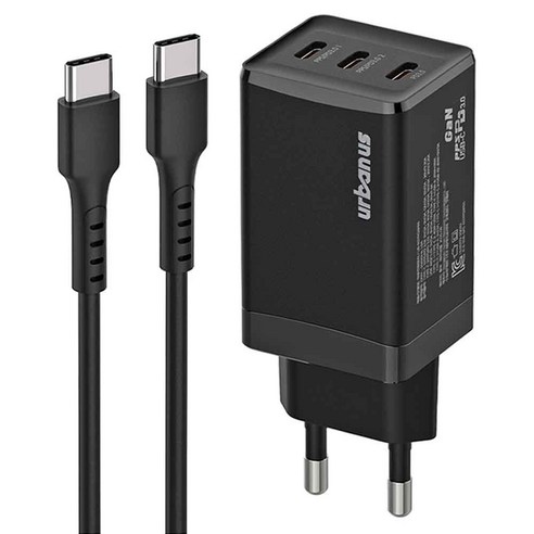 어반어스 GaN 67W 미니 C타입 3포트 PD PPS 초고속 충전기 65W C TO C 케이블 1.5m, 블랙, 1개