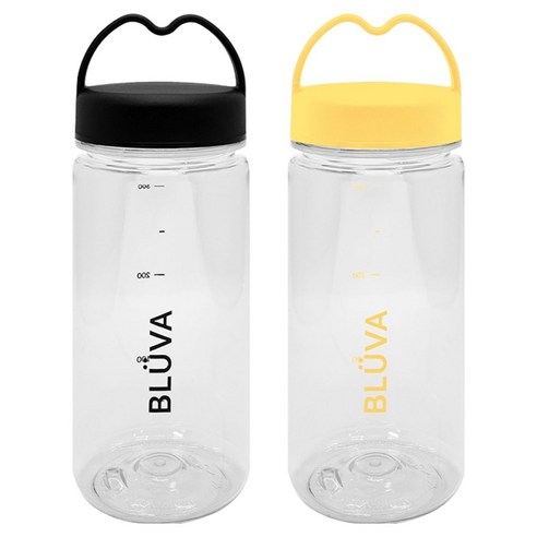 블루바 눈금표시 트라이탄 하트캡 쉐이커 보틀 2종 세트, 블랙 + 옐로우, 350ml, 1세트