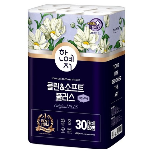 한예지 클린앤소프트 플러스 천연펄프 3겹데코 화장지, 30m, 30롤, 1개