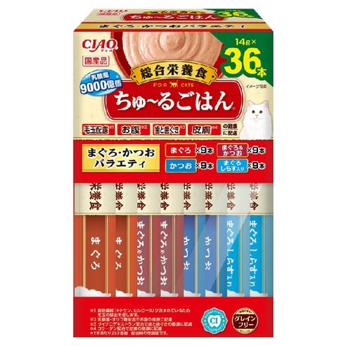 이나바 고양이 츄르고항 종합영양식 짜먹는 간식 박스타입 4종 x 9p 세트 SC-478, 혼합맛(참치/가다랑어/참치가다랑어/참치치어), 504g, 1세트
