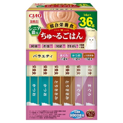 챠오츄르 고양이 이나바 챠오 츄르고항 종합영양식 시니어용 버라이어티 짜먹는 간식 36p 박스타입 SC-480, 14g, 1개, 혼합맛(참치/가다랑어/닭가슴살)