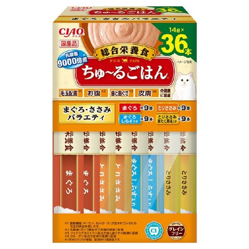 이나바 고양이 츄르고항 종합영양식 짜먹는 간식 박스타입 4종 x 9p 세트 SC-479, 혼합맛(참치/참치치어/닭가슴살/닭가슴살가리비관자), 14g, 1세트