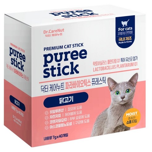 닥터케어누트 고양이 퓨레스틱 짜먹는 간식 짜먹는 영양간식 파라바이오틱스 40p, 1개, 280g, 닭고기