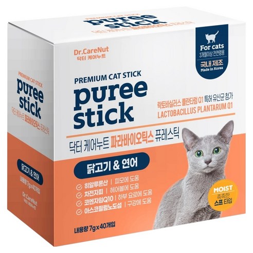 닥터케어누트 고양이 퓨레스틱 짜먹는 간식 짜먹는 영양간식 파라바이오틱스 40p, 1개, 280g, 혼합맛(닭고기/연어)