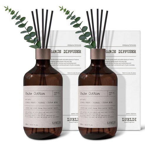 루엘디 프리미엄 대용량 디퓨저 + 데코 스틱 세트, 화이트 코튼, 500ml, 2개