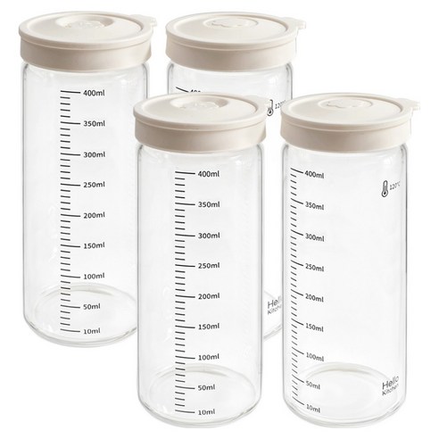 헬로키친 내열유리 실리콘캡 눈금 유리병, 400ml, 4개