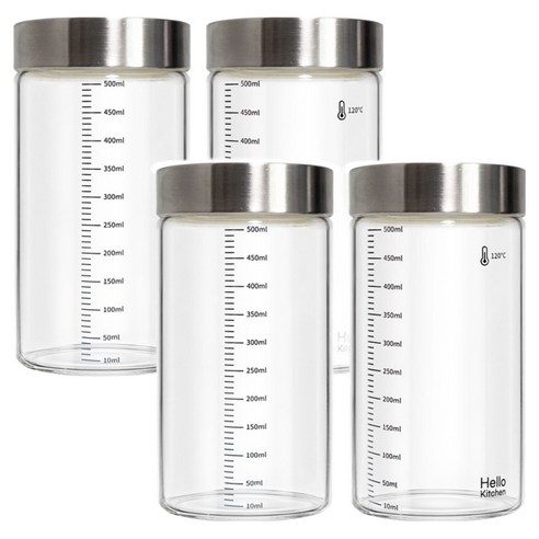 헬로키친 내열유리 눈금 유리병 와이드형, 500ml, 4개