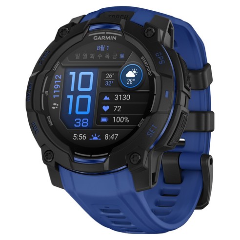 가민 인스팅트 3 슈퍼노바 AMOLED 아웃도어 스마트워치, 블랙 + 볼트블루, 45mm, GPS + 블루투스