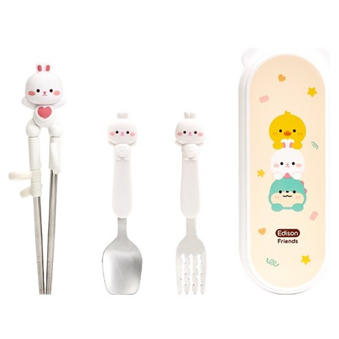 에디슨 프렌즈 흰토끼 스푼 + 젓가락 + 포크 + 케이스 세트, 화이트, 1세트