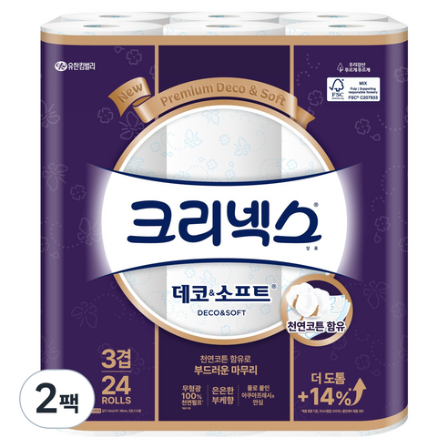 크리넥스 3겹 데코 앤 소프트 천연펄프 화장지, 34m, 24롤, 2개