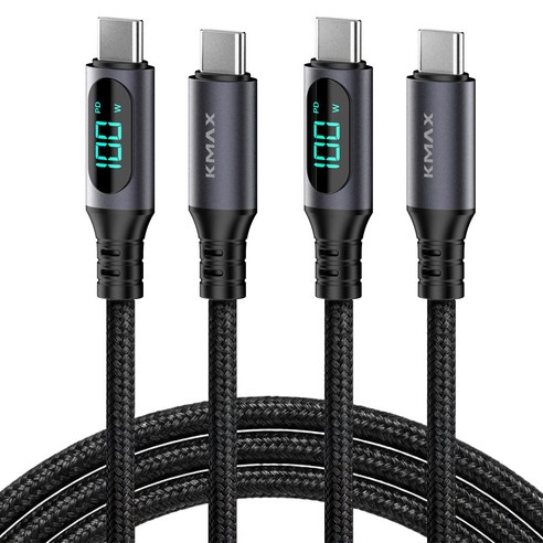 케이맥스 100W LCD 메탈패브릭 C-C타입 초고속 충전 케이블, 블랙, 2개, 2m