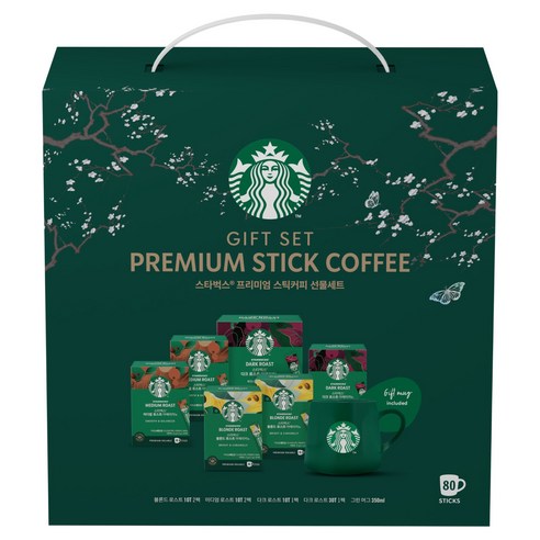 스타벅스 프리미엄 설 로스트 아메리카노 다크 10p + 다크 30p + 미디엄 10p x 2개 + 블론드 10p x 2개 + 머그 그린 350ml 선물세트 후기 분석 - 전용 그린 머그컵 상세