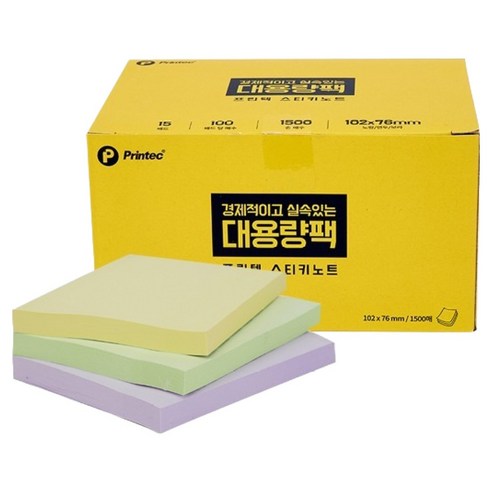 프린텍 스티키노트 대용량팩 100p x 15개 세트 102 x 76 mm 10276-15M, 혼합색상, 1500매, 1개