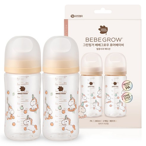 베베그로우 그린핑거 퓨어베이비 PA 노꼭지 디자인 젖병 트윈팩 말콩사과, 2개, 280ml, 베이지