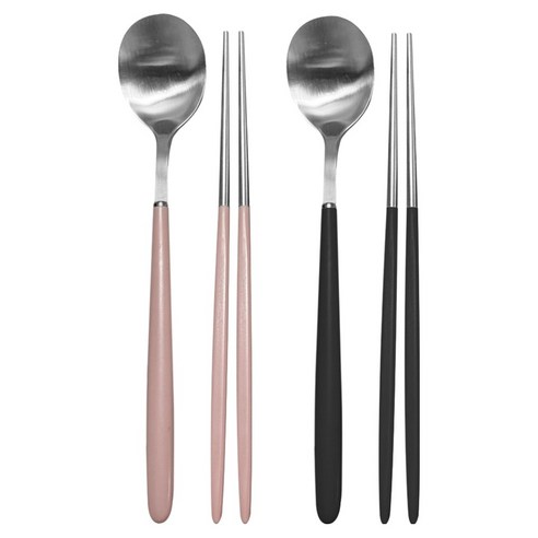 영수산업카멜 스텐 한식 파스텔 샤틴 수저세트, 핑크, 블랙, 1세트, 숟가락 2p + 젓가락 2p