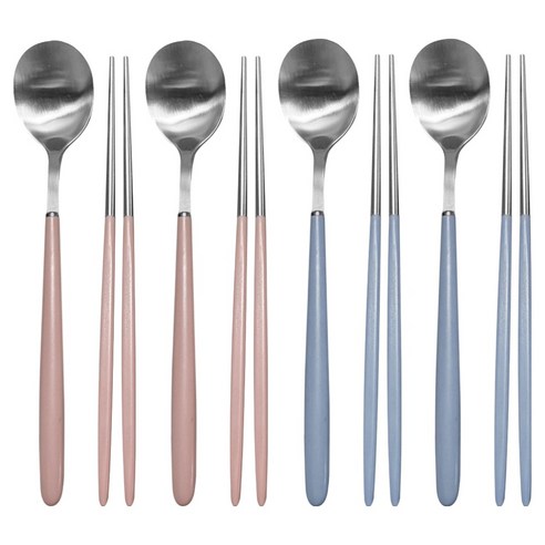 영수산업카멜 스텐 한식 파스텔 샤틴 수저세트, 핑크, 핑크, 블루, 블루, 1세트, 숟가락 4p + 젓가락 4p