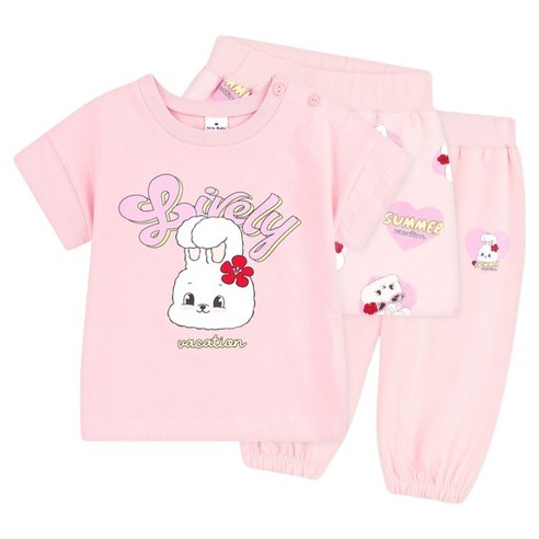 MilkBaby 러블리레빗 하트 봉봉 반팔 티셔츠 + 4부 팬츠 + 조거 팬츠 세트