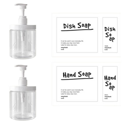 뉴앤룩 와이드 욕실 샴푸 디스펜서 핸드워시 리필용기 500ml x 2p + 핸드라벨 스티커 + 디시라벨 스티커 세트, 투명(리필용기), 1세트