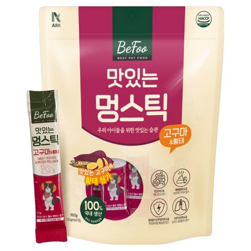 베푸 강아지 아크펫푸드 맛있는 멍스틱 짜먹는 파우치, 혼합맛(고구마/황태), 360g, 1개