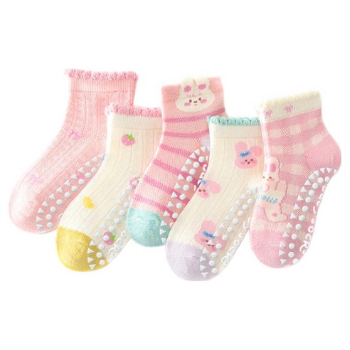 아이뿜 아동용 핑크 토끼 미끄럼방지 메쉬 양말 5종 세트 J97