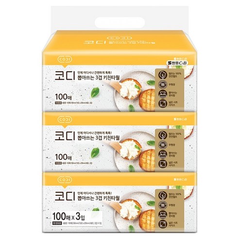 코디 뽑아쓰는 3겹 소프트팩 키친타월, 3개, 100개입